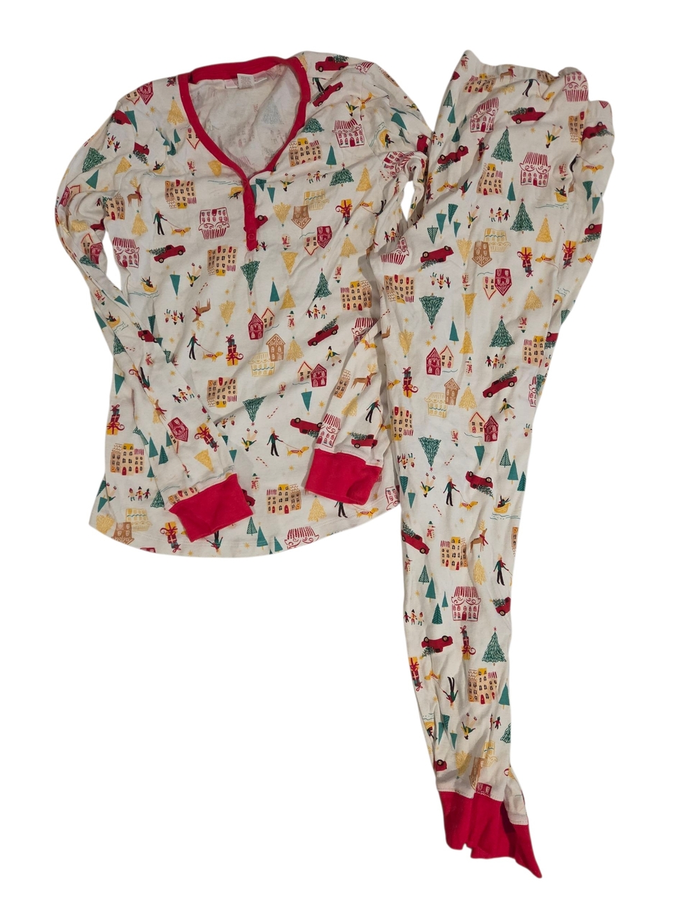 Womens Holiday Village Pajama Set - Cream with Red Trim